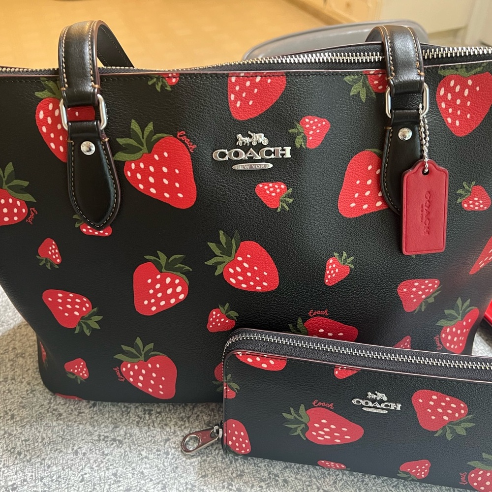 Coach Black Tote with Red Strawberry Print Tote and Wallwt